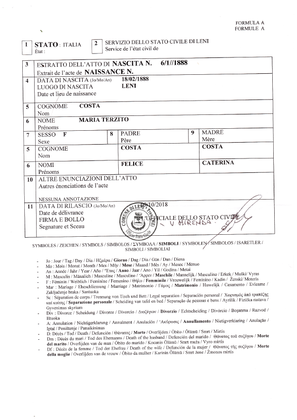 Maria Terzita Costa Birth Certificate Italy