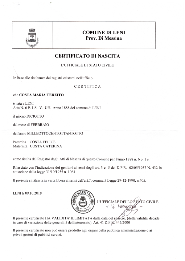 Maria Terzita Costa Birth Certificate Italy